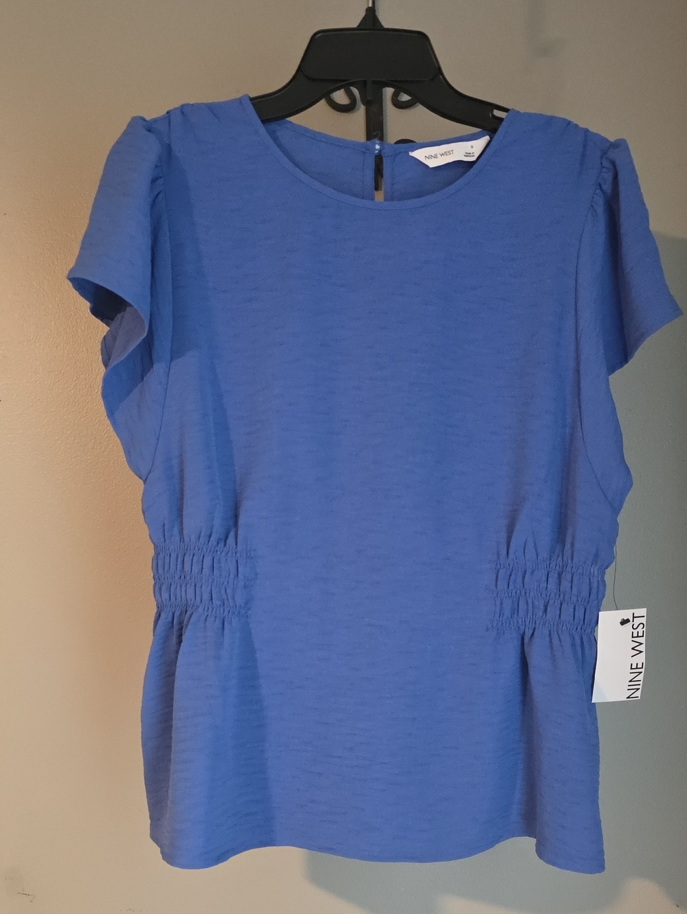 Nine West Blue Smocked-Waist Short Sleeve Blouse Size S NWT